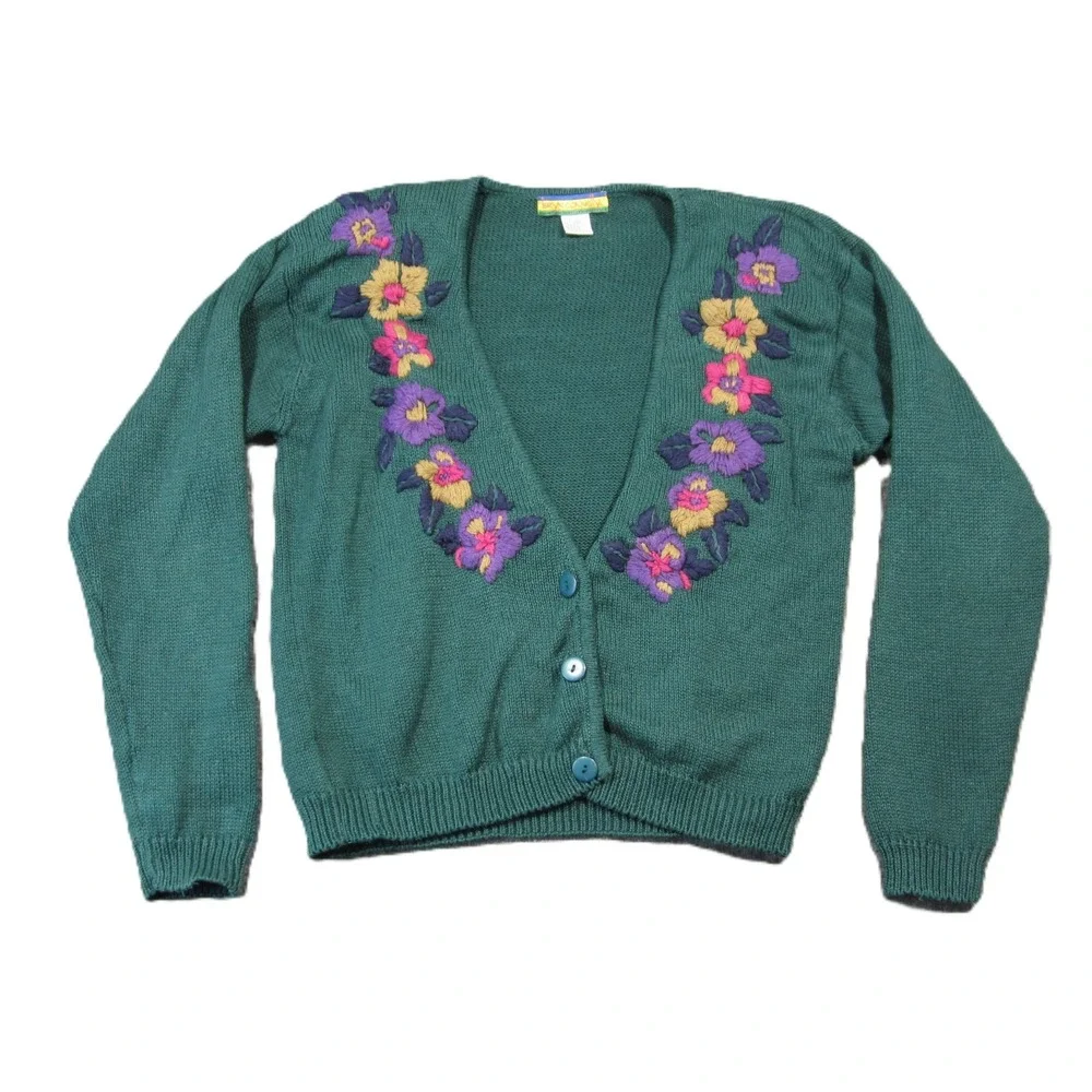 Vtg Bryn Connelly Cardigan S Green Floral Embroidered Grandma Cottage Spring - Picture 1 of 10